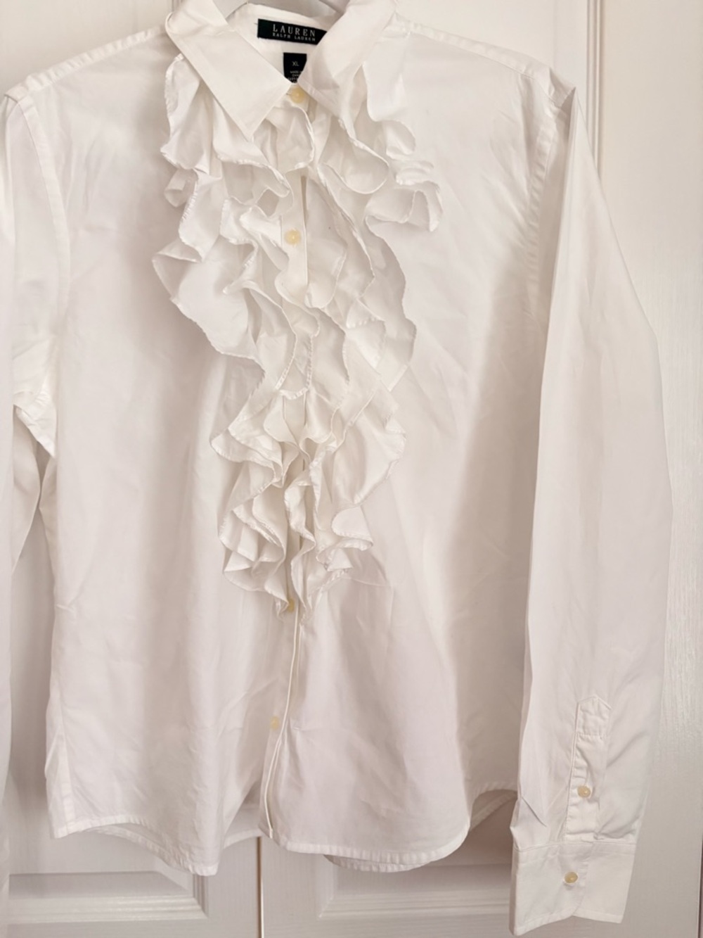 Ralph Lauren White Ruffle Front Button-Down Shirt